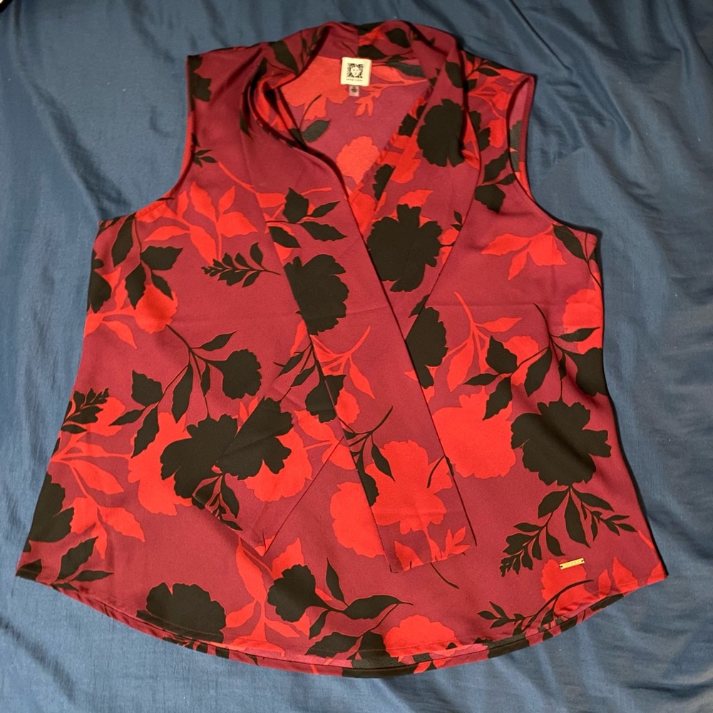 Anne Klein Red and Black Floral Blouse